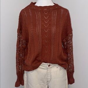 Rust Knit Sweater with Floral Crochet Sleeve